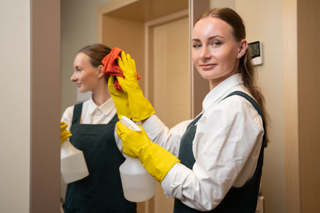 Chambermaid cleans mirror in hotel bathroom spraying detergent on surface. Young woman in yellow rubber gloves works in cleaning service closeupの写真素材