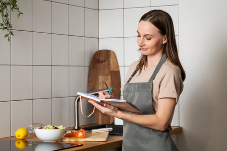 A smiling young beautiful business woman makes notes in a paper diary in a modern kitchen. A happy woman writing in a notebook surrounded by a convenient storage organization.の写真素材