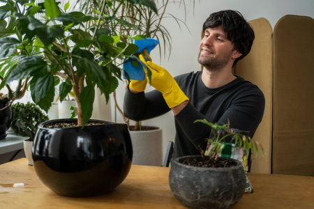 Mens hands wipe the dust from the leaves of a home flower, take care of a houseplant with a damp...