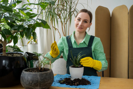 Female blogger speaks into the camera, conducts an online lesson on home gardening. The concept of live marketing.の写真素材