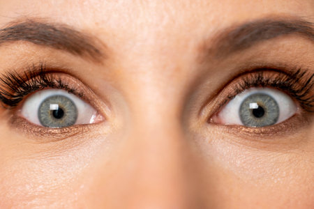Close-up face of pretty girl with beautiful big blue eyes, big eyelashes and eyebrows.の写真素材