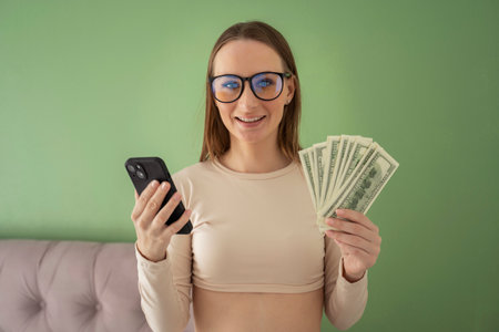 Happy, beautiful young woman with glasses, standing in an excited state, holding an online smartphone and dollar bills in her hands.の写真素材