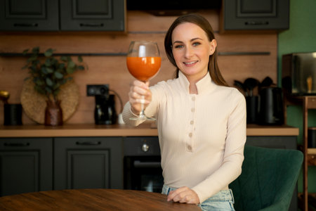 A beautiful brunette woman holding a glass of carrot juice is sitting in the kitchen.の写真素材