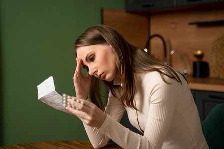 Young brunette woman checks the prescription and dosage of the medicine. A woman reads medical instructions before taking medication while sitting at a table in the kitchen.の写真素材