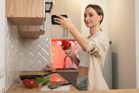 Female food blogger cooks food and records videos on a smartphone.の写真素材