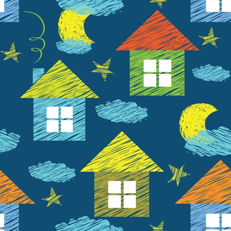 vector seamless pattern with houses and cloudsのイラスト素材