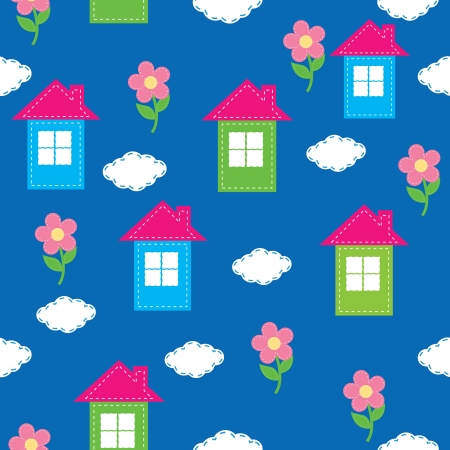 seamless pattern of the house, flowers, cloudsのイラスト素材