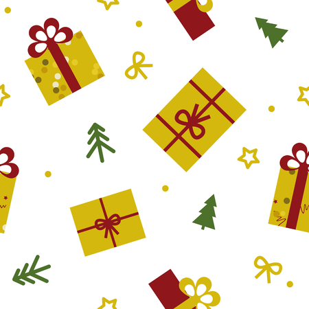 vector seamless christmas pattern with christmas trees and giftstree, green, yellow, gold, white, new year, christmas, winter, drawing, graphics. gift, surprise, present, congratulate, celebrate, cheerful, packaging, present, holiday, vector, abstract, pattern, repeat, creative, seamless, style, stylized, abstract, shape, style, stylized, fabric, textiles, texture, wallpaper, silhouette, shape, banner, repeat, design, tile, modern, retro, background, ornament, packing, graphics, art, backdrop,のイラスト素材