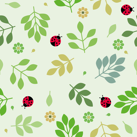 vector seamless repeating illustration floral pattern leaves flowers ladybugのイラスト素材