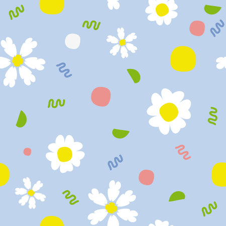 Seamless pattern with daisies and polka dots.のイラスト素材