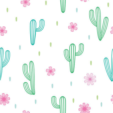 Cute seamless pattern with cactuses and flowers. vector illustration.のイラスト素材