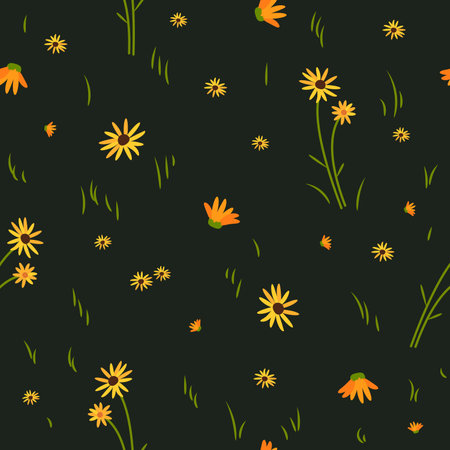 Vector seamless floral pattern. Yellow wild flowers on a dark background.のイラスト素材