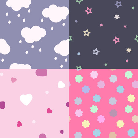 Cute seamless pattern with clouds, stars and hearts. vector illustration.のイラスト素材