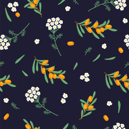 Vector seamless floral pattern with sea buckthorn plant and yarrow flowersのイラスト素材
