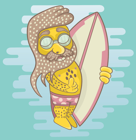 surfer with a beard wearing sunglasses holding a surfboard and shows thumb up. vectorのイラスト素材