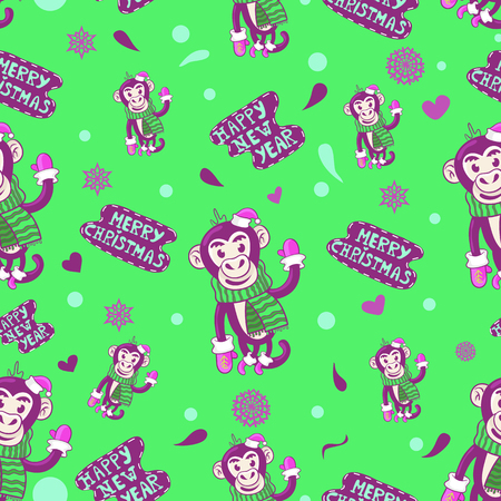 vector seamless pattern . happy new year and merry christmas. a cute monkey in the Christmas cap , scarf and mittens waving paw. Doodleのイラスト素材