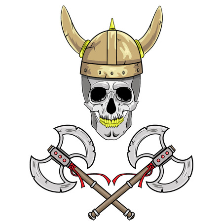Skull Viking helmet with horns and two crossed axes.のイラスト素材