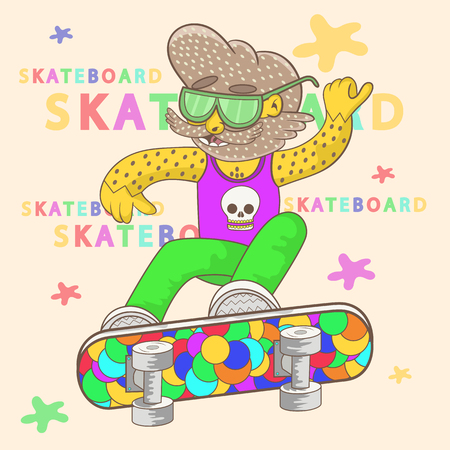 skateboarder with a beard wearing sunglasses performs a trick. vectorのイラスト素材