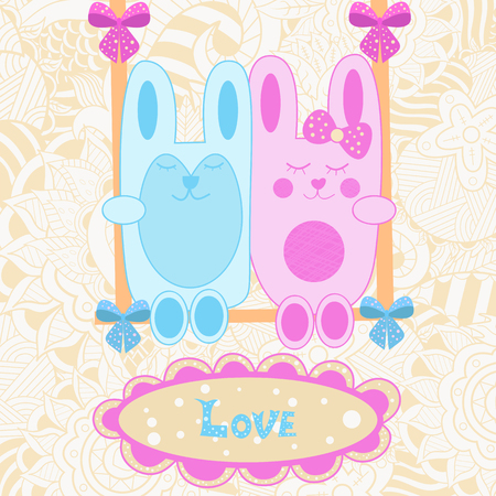 vector baby card. love. bunnies on a swing.floral backgroundのイラスト素材