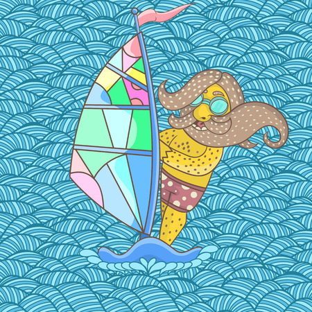 man in sunglasses floating on the waves on the Board for windsurfing. vector.のイラスト素材