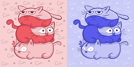 Funny three cats sitting on top of each other, a vector in two colors red and blue. background. colorful postcard.のイラスト素材