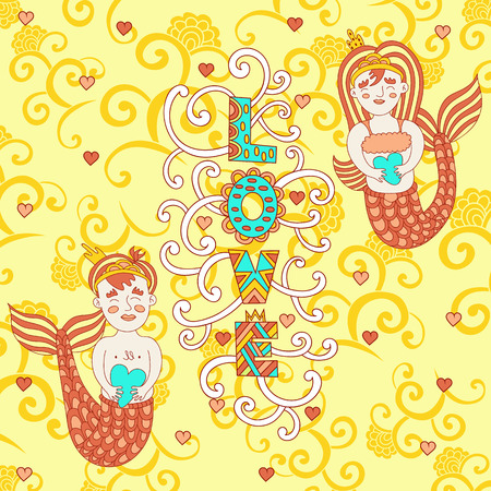 greeting bright card for Valentine's day. cute smiling boy with a girl mermaid with hearts in hands in a cartoon style. inscription love . Doodle.のイラスト素材