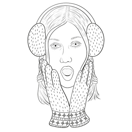 vector path a surprised woman's face with an open mouth. earmuffs and mittens.のイラスト素材