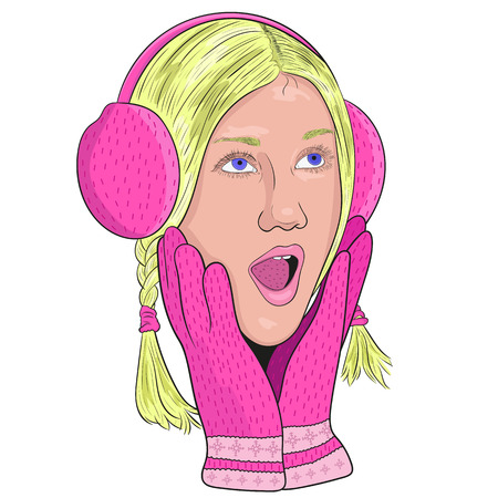 girl in pink headphones and gloves from surprise opened his mouth and put his hands to his face. vector.のイラスト素材