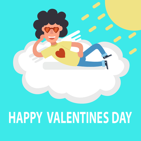 Valentine's day. funny Cupid lying on a cloud under the sun that flat style.のイラスト素材