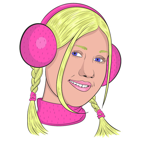 young beautiful smiling blonde girl in pink headphones. vector.のイラスト素材