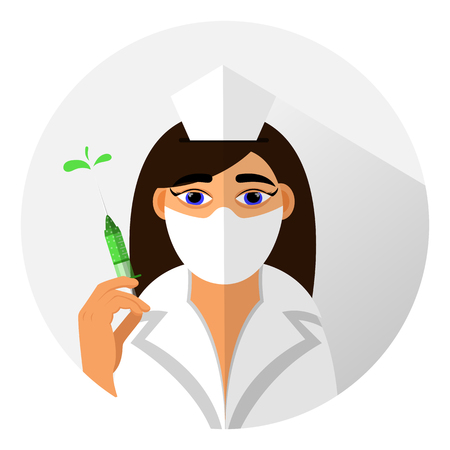 medical icon flat design style. doctor girl in a protective mask with a syringe in his hand. vector.のイラスト素材
