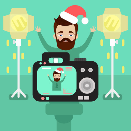 happy  man with a beard wearing a Christmas hat is photographed in the Studio. camera with flash. flat style.vector.のイラスト素材