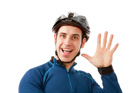 portrait of sportsman in protective helmet. white background.の写真素材