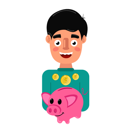 Young man with piggy Bank pig vector illustration.のイラスト素材