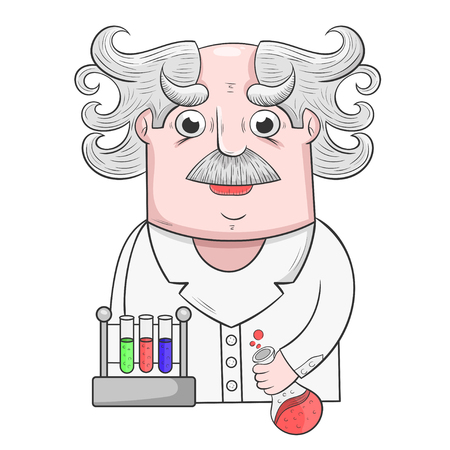 cartoon Professor performs scientific experiments with reagents, vector illustrationのイラスト素材