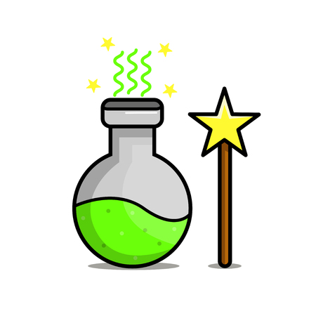 icon flask with potion and magic wand, vector illustrationのイラスト素材
