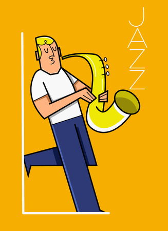 cartoon of a young white man playing on saxophone vector illustrationのイラスト素材