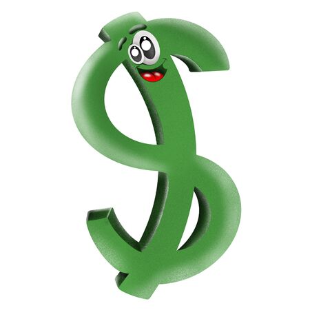 cute cartoon green dollar sign white background, illustrationの写真素材