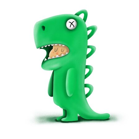 child in a green dinosaur costume on a white background, illustrationの写真素材