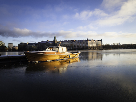 Boat on a Froze Lakeの写真素材