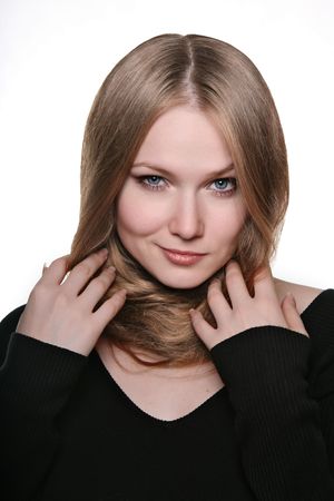 Girl with ironic smile isolated on whiteの写真素材