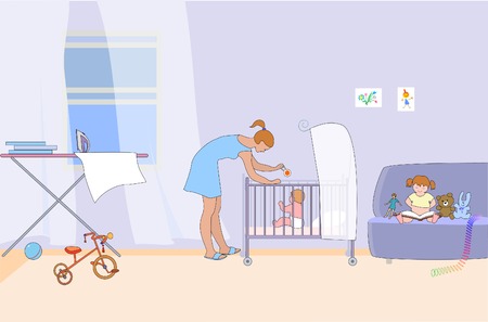 Mother moved away from the ironing board and playing with the baby. Her youngest daughter looks at a book on the couch. Around them are toys, paintings, children's bicycle. Everything speaks of comfort and a quiet family happiness.の写真素材