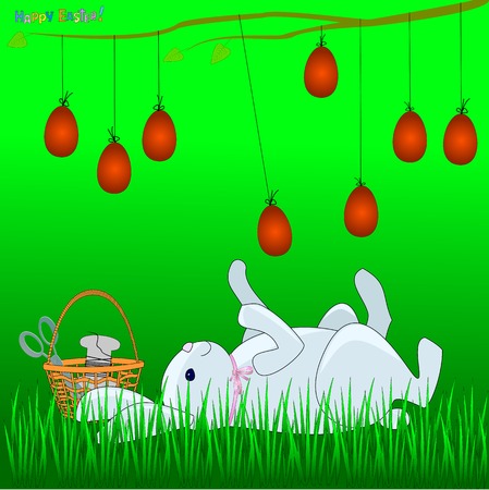 Bunny hung Easter eggs on a branch and lies on the grass and plays with them.のイラスト素材