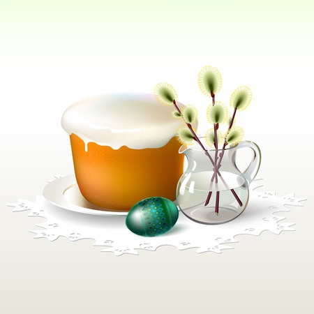 Easter egg with beautiful green geometric ornament are near Easter cake and sprigs of willow in...