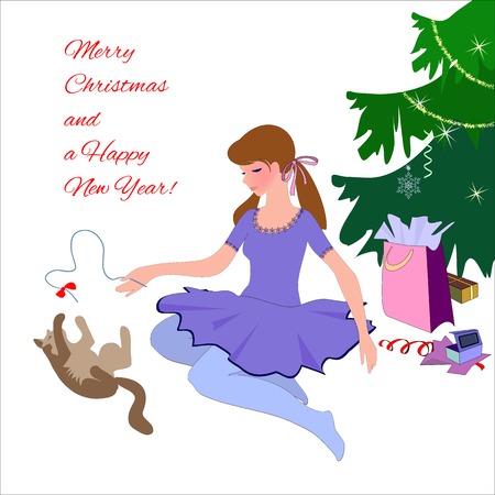 Girl in beautiful dress enjoy Christmas gifts. She sit near Christmas tree and play by bow with cat.のイラスト素材