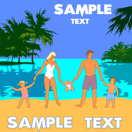 Family in swimsuit enjoy vacation on exotic warm sea beach. There are blue sky, turquoise sea and nice palms around yellow beach. Young mother and father with their children go before sea and look very happy and contented with trip.のイラスト素材