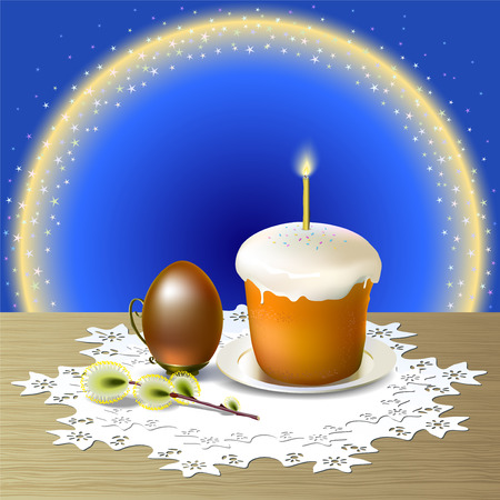 Easter egg and Easter cake on white plate are on wooden table covered white openwork napkin. Small light shine on candle standing on Easter cake. Background is beautiful glow by semicircle between yellow and blue color spangled little stars.のイラスト素材