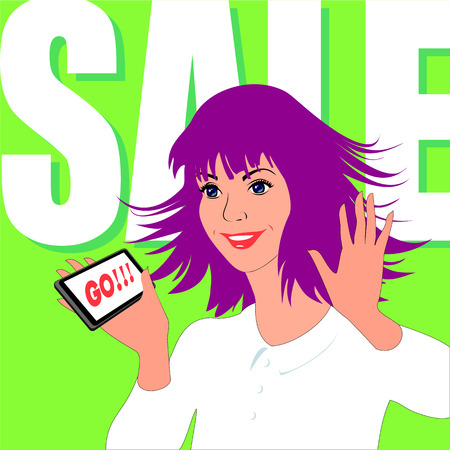 Young woman rejoice by sale. Her eyes sparkle, purple hair fluttering. On a light-green background is written sale. She has phone in hand with slogan Go.のイラスト素材
