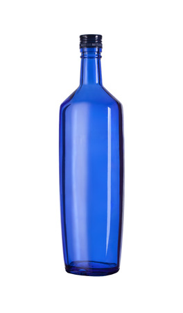 Empty blue glass bottle wine on white background.の写真素材