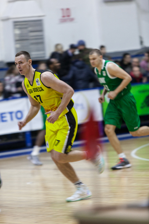 ODESSA, UKRAINE - March 16, 2018: Cup of Ukraine in basketball. Dynamic derby clash basketball clubs of the higher league. The game moment of the basketball battle. Bipa Vs Ñhemist.のeditorial素材